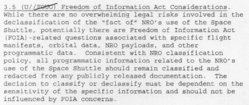 Excerpt from a newly declassified document titled Declassifying the ‘Fact of’ the NRO’s Use of the Space Shuttle as a Launch Vehicle (National Reconnaissance Office/FOIA)